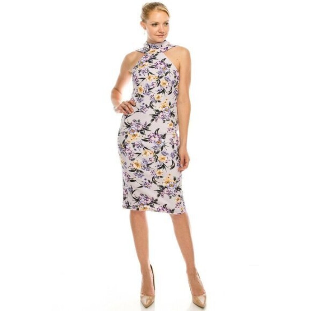 Bebe Lavender Floral Strappy Mock Neck Midi Cocktail Dress Purple SZ 10 NWT $139